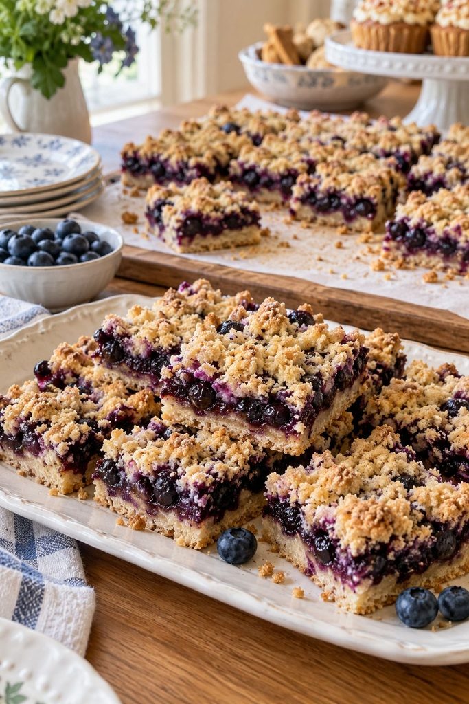 Golden crumb bars with a thick purple-blue blueberry filling peeking through a streusel top, cut into squares on parchment.