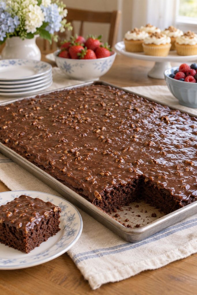 A wide sheet cake with glossy chocolate fudge frosting poured over the top while still warm, a corner piece cut out showing the thin, moist crumb.