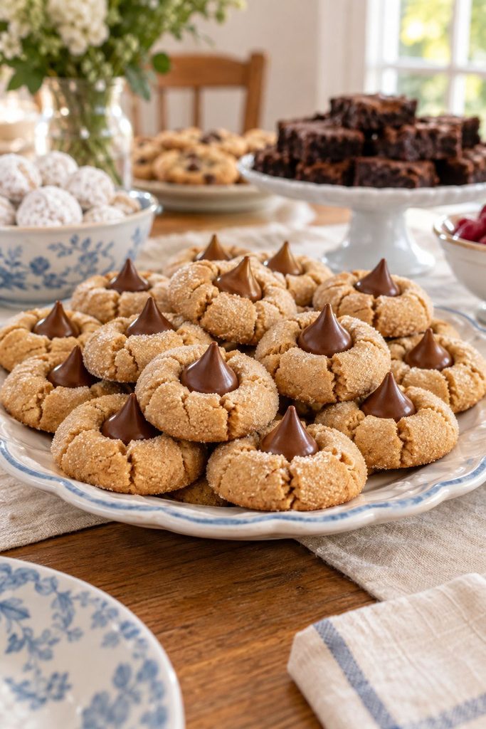 Round peanut butter cookies rolled in sugar with a chocolate candy pressed into the center, slightly cracked tops, arranged in rows.