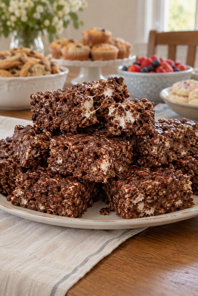 Fudgy, dark brown rice krispie treats with a chocolatey sheen, stacked to show a slightly gooey, marshmallow-studded interior.