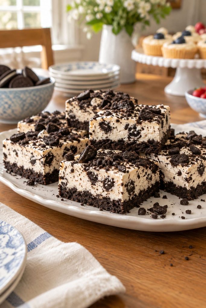 Layered no-bake bars with a crushed chocolate sandwich cookie crust and a creamy white filling studded with cookie chunks, cut into squares.