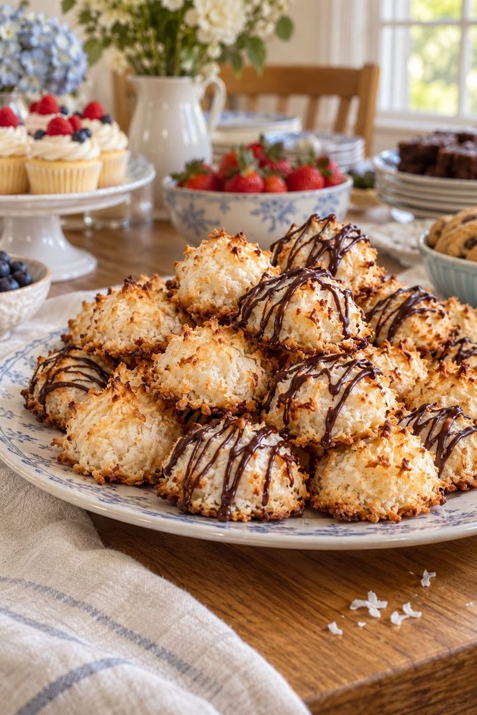 Small golden-tipped coconut macaroon mounds on a baking sheet, some drizzled with dark chocolate.