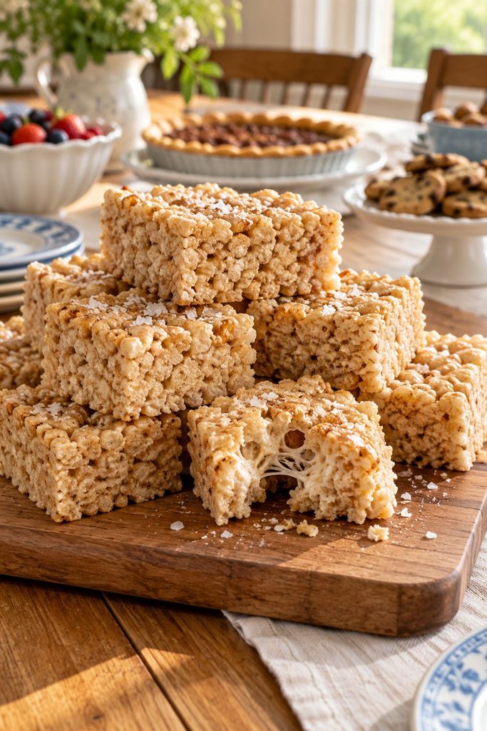Thick, golden rice krispie bars stacked on a cutting board, visible flecks of browned butter, one bar with a bite taken out showing the chewy interior.