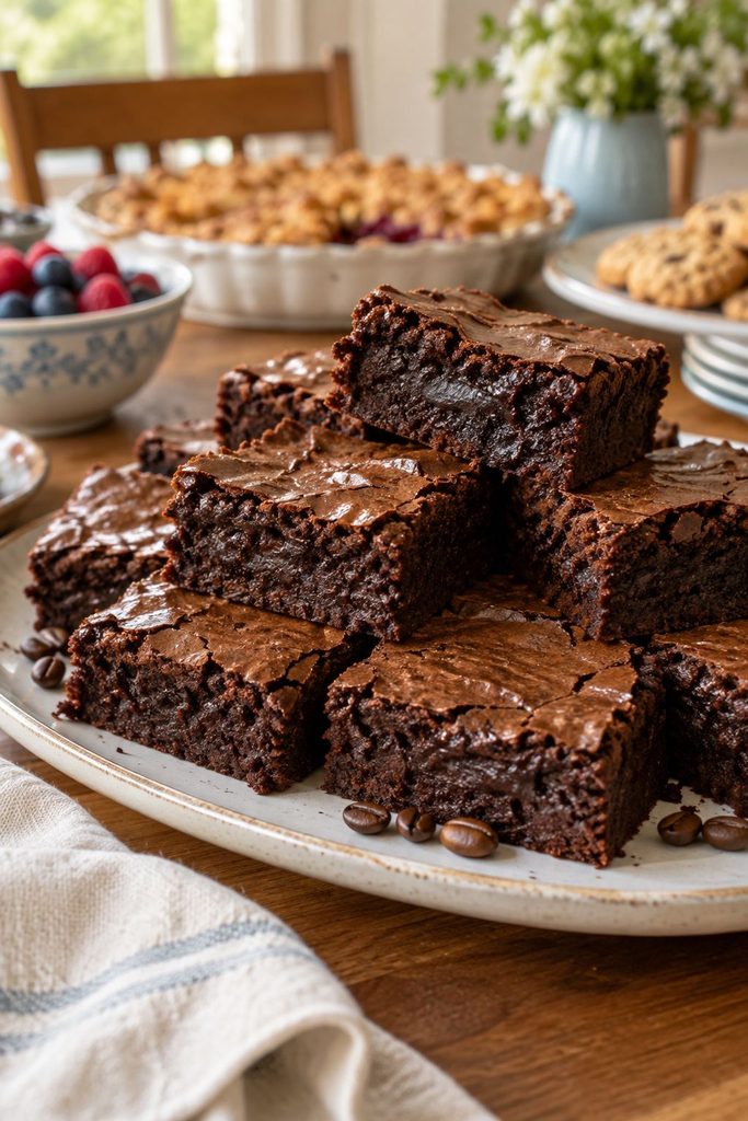A stack of dense, shiny-topped espresso brownies with a crackly top layer, one brownie cut open showing an ultra-fudgy interior.
