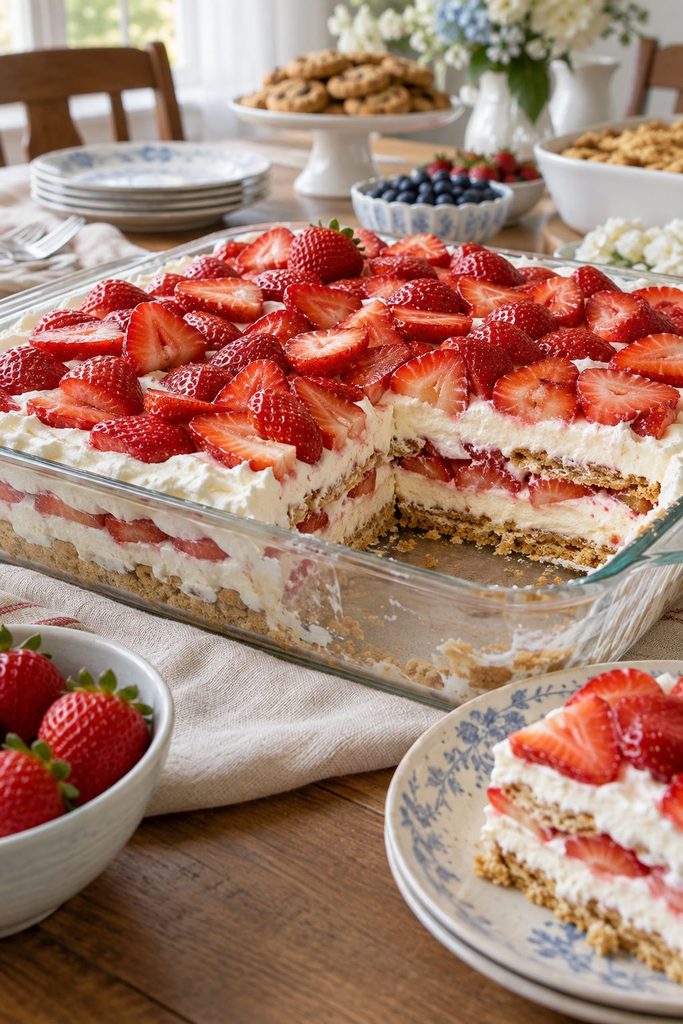 A layered icebox cake with graham crackers, whipped cream, and sliced strawberries visible from the side in a glass dish, a slice removed showing the layers.