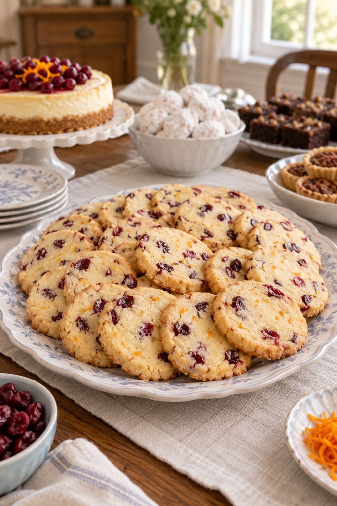 Pale golden shortbread cookies studded with dried cranberries, dusted lightly with sugar, arranged in a fan pattern.
