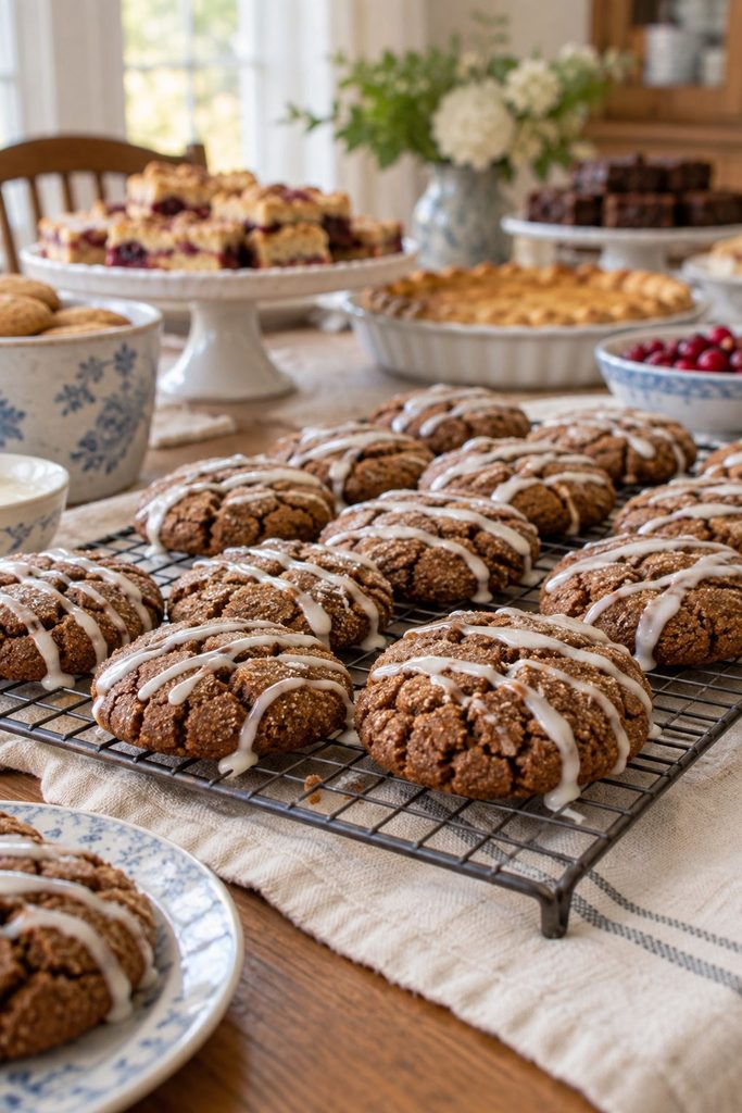 Soft, crackled molasses cookies drizzled with white icing, cooling on a rack, deep brown color visible.