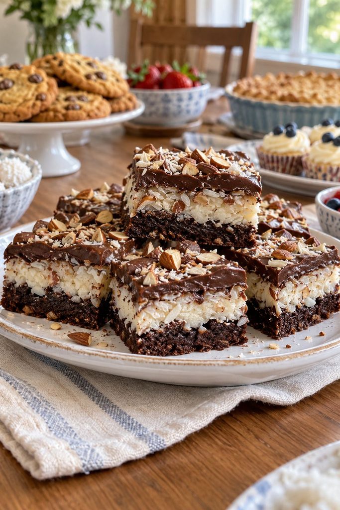 Layered brownie bars with a coconut-almond middle layer and a chocolate ganache top, cut into squares showing three distinct layers.