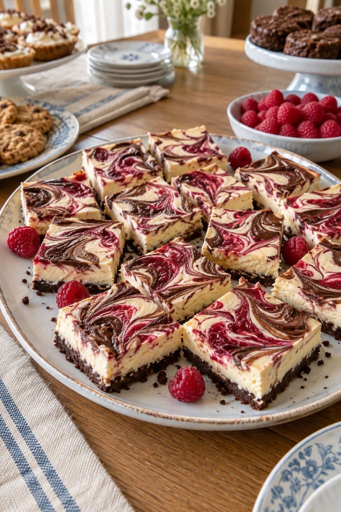 Creamy cheesecake bars with a marbled raspberry and chocolate swirl on top, cut into squares showing the pattern from above.