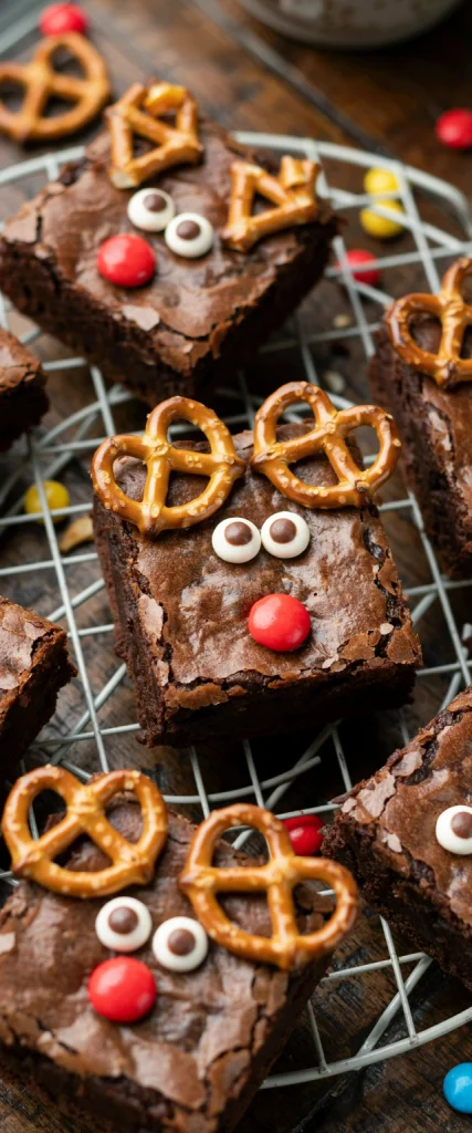 Square brownie bites topped with pretzel antlers, candy eyes, and a red gumdrop nose, dusted with powdered sugar