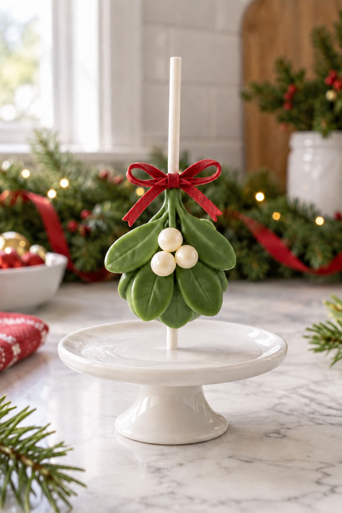 Small green cake pop shaped like a mistletoe sprig with white candy pearl berries