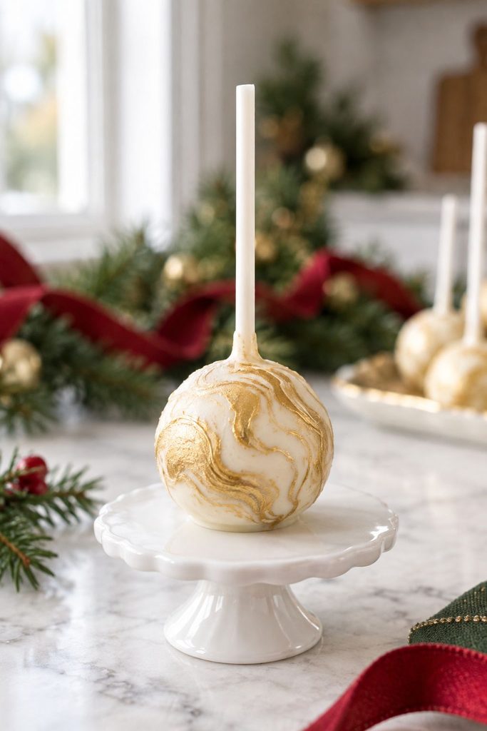 Cake pop dipped with white and gold candy coating swirled into a marbled pattern