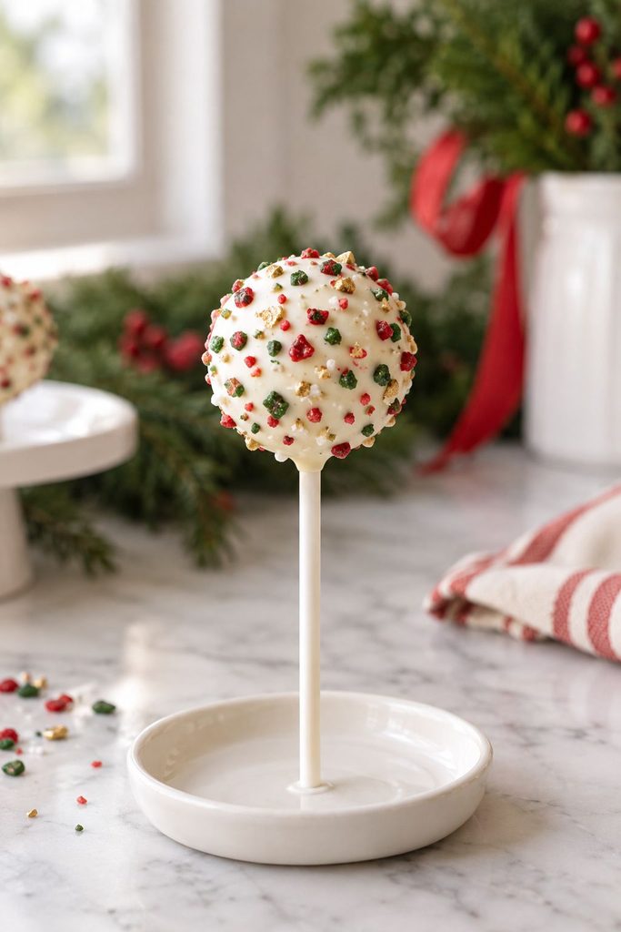 Cake pop covered in an irregular terrazzo-style mix of red, green, and gold sprinkles