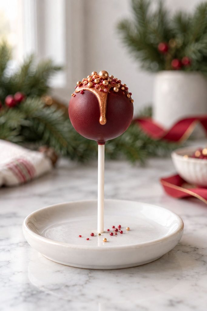 Burgundy cake pop with a thin metallic copper drizzle running down one side