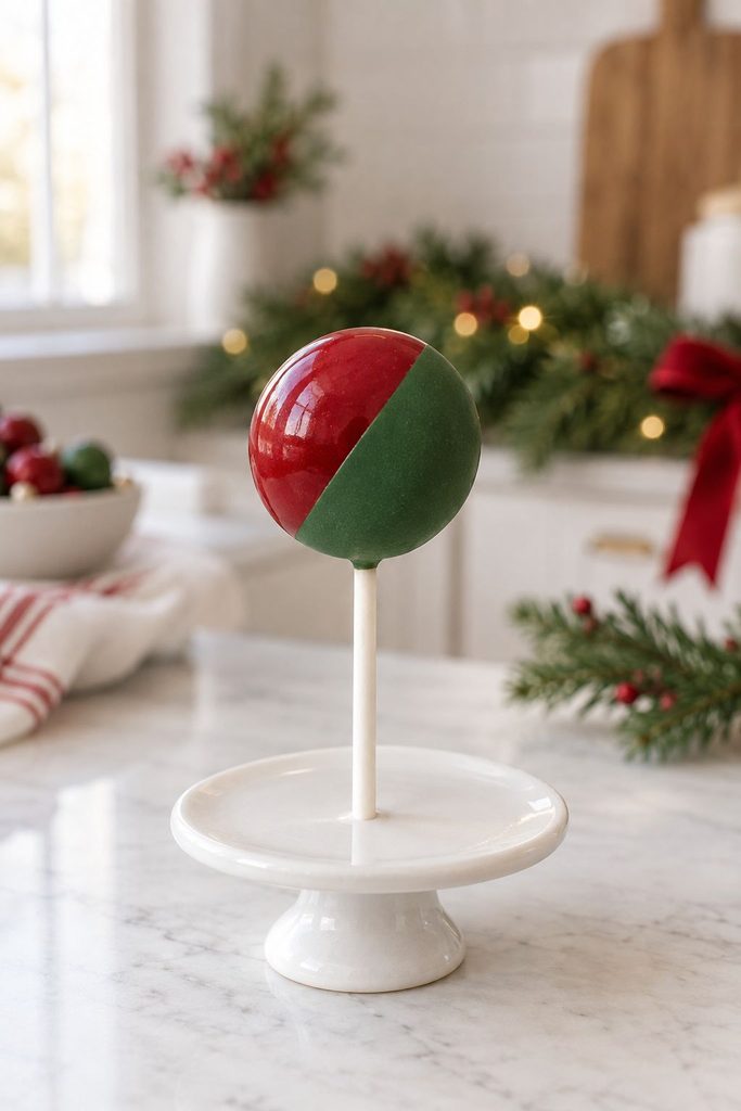 Cake pop dipped diagonally in glossy red on one half and matte green on the other