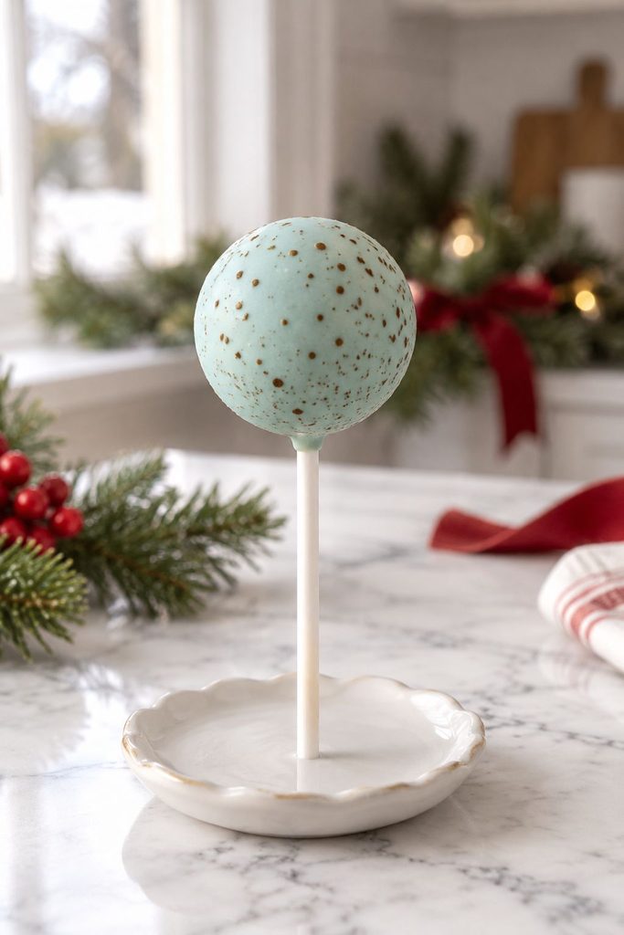 Pale blue-green cake pop speckled with brown to look like a robin's egg