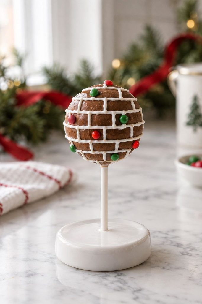 Brown cake pop piped to look like a gingerbread brick wall with candy button dots