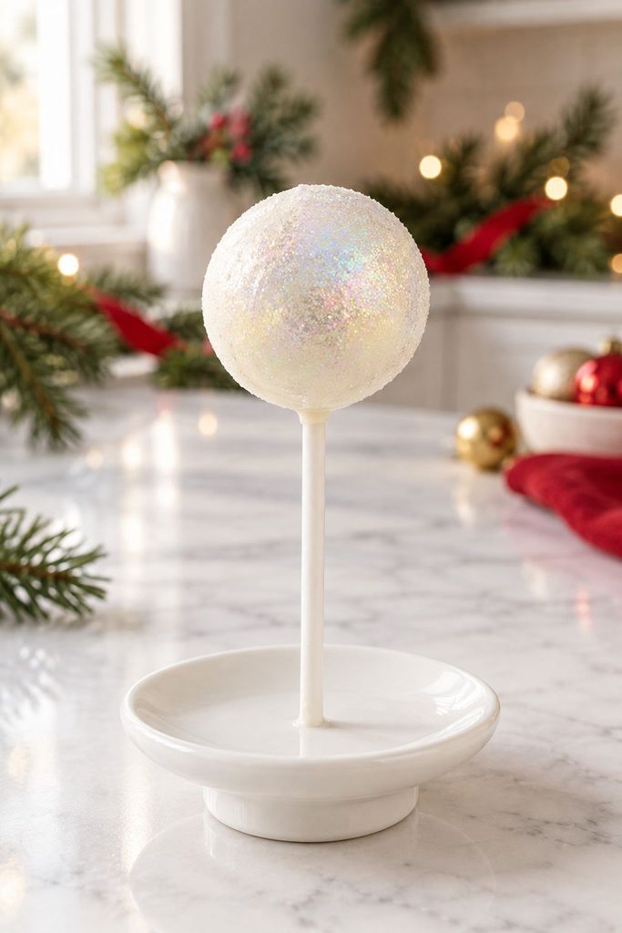 White cake pop dusted with iridescent edible shimmer powder