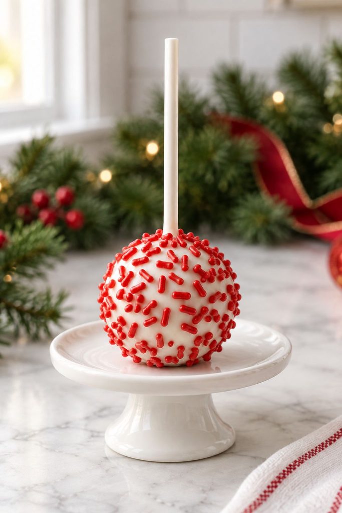 Plain white cake pop rolled in red jimmie sprinkles