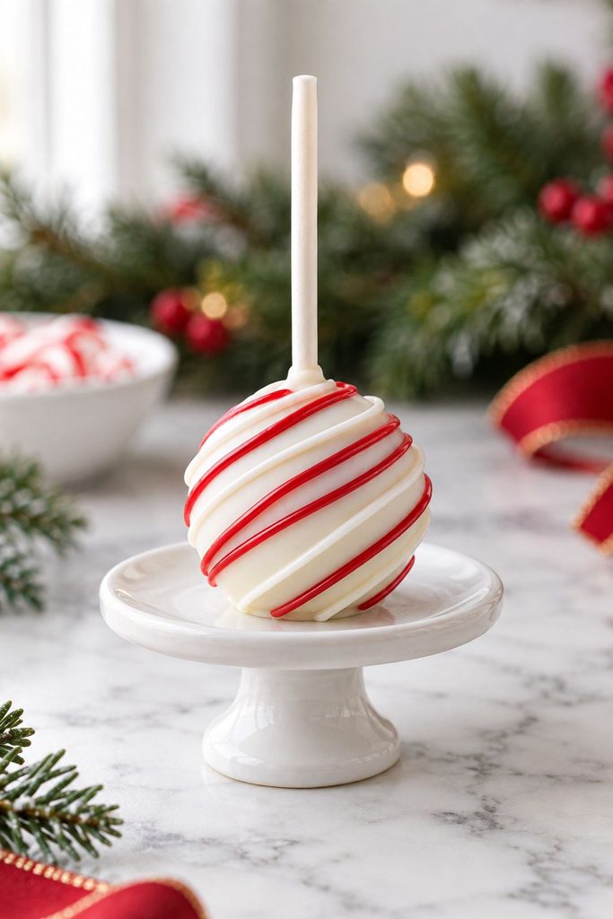 White cake pop striped with alternating red and white drizzle lines