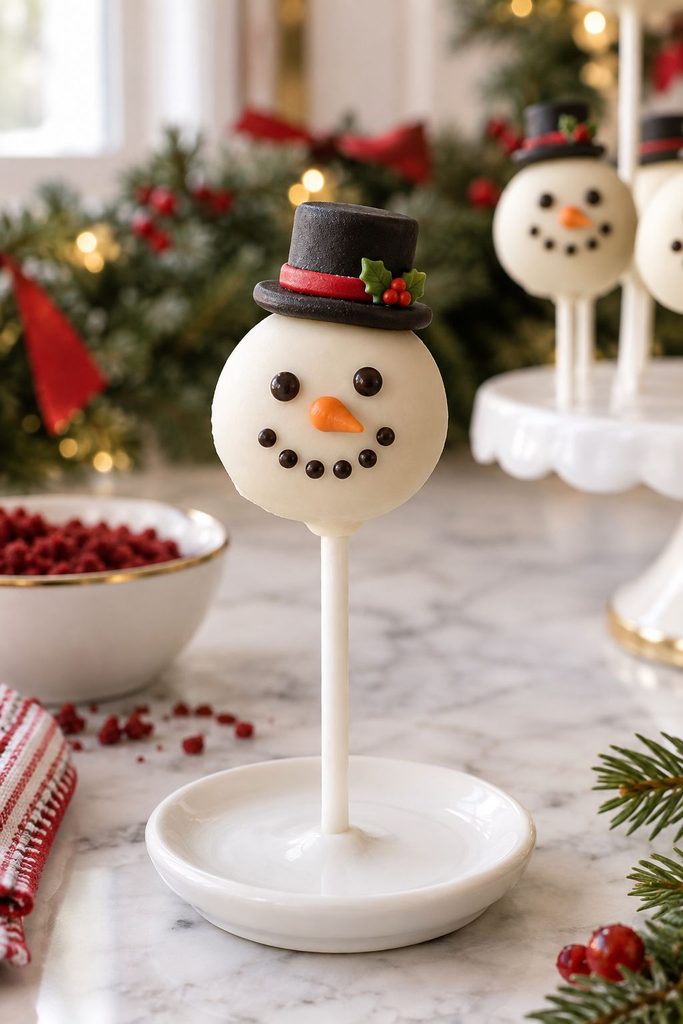 Red velvet snowman cake pop with a black fondant top hat and carrot nose