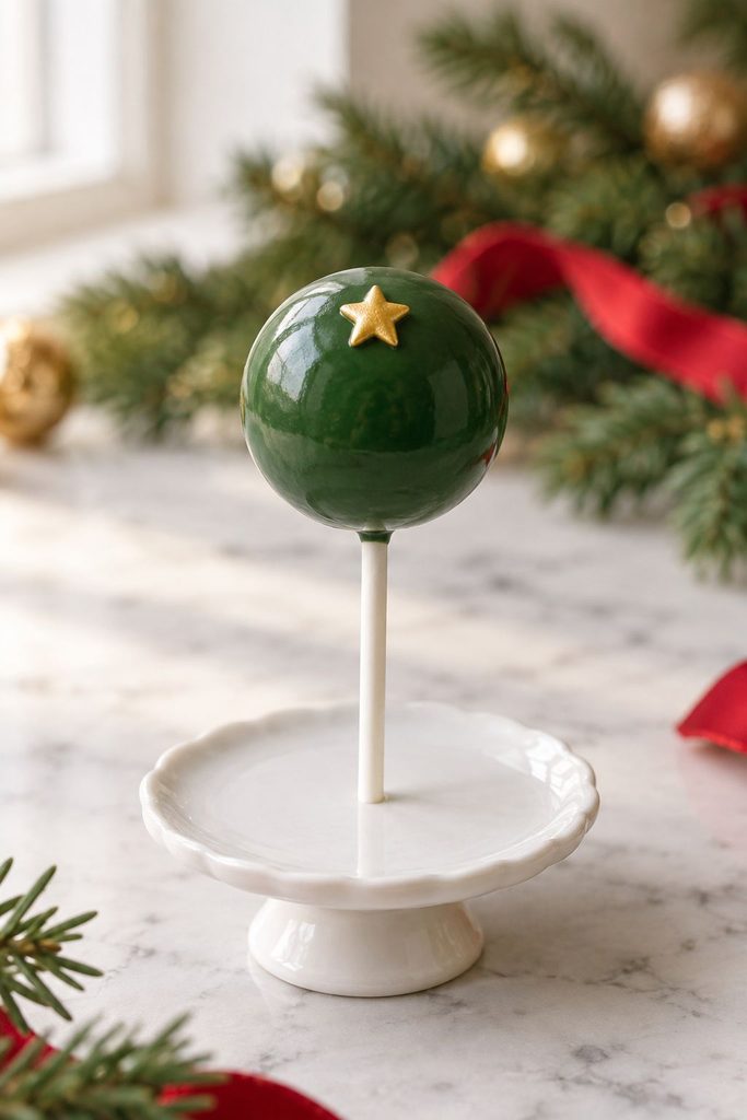 Glossy green cake pop with a single gold star sprinkle on top