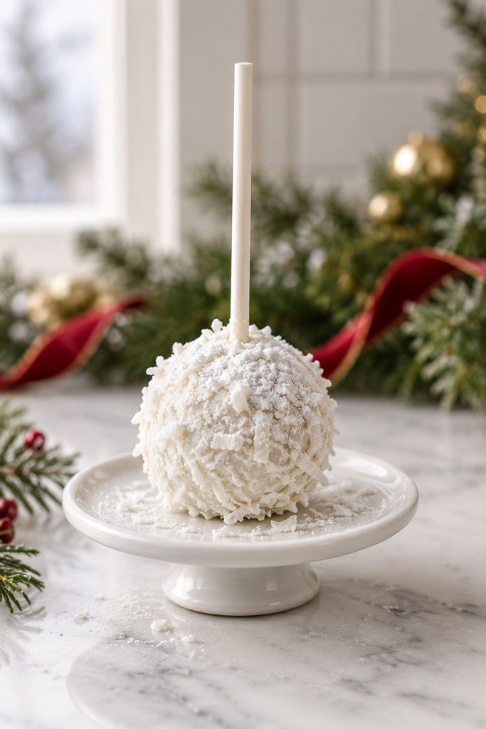 White cake pop rolled in coconut flakes and dusted with powdered sugar