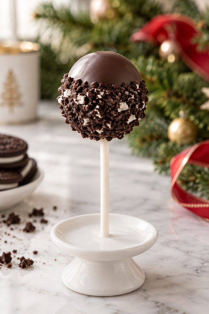 Dark chocolate cake pop rolled halfway in crushed Oreo crumbs