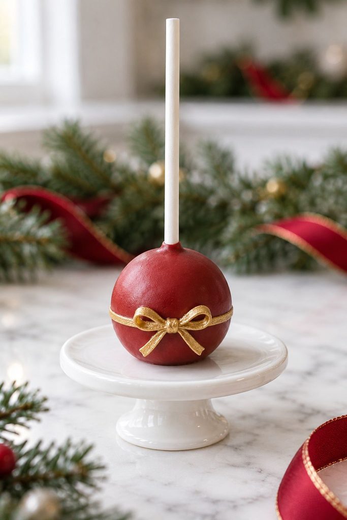 Red cake pop styled as an ornament with a thin gold ribbon bow