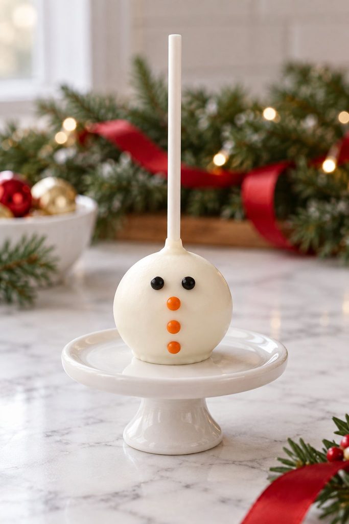 White cake pop with simple candy dot eyes and buttons for a minimal snowman look