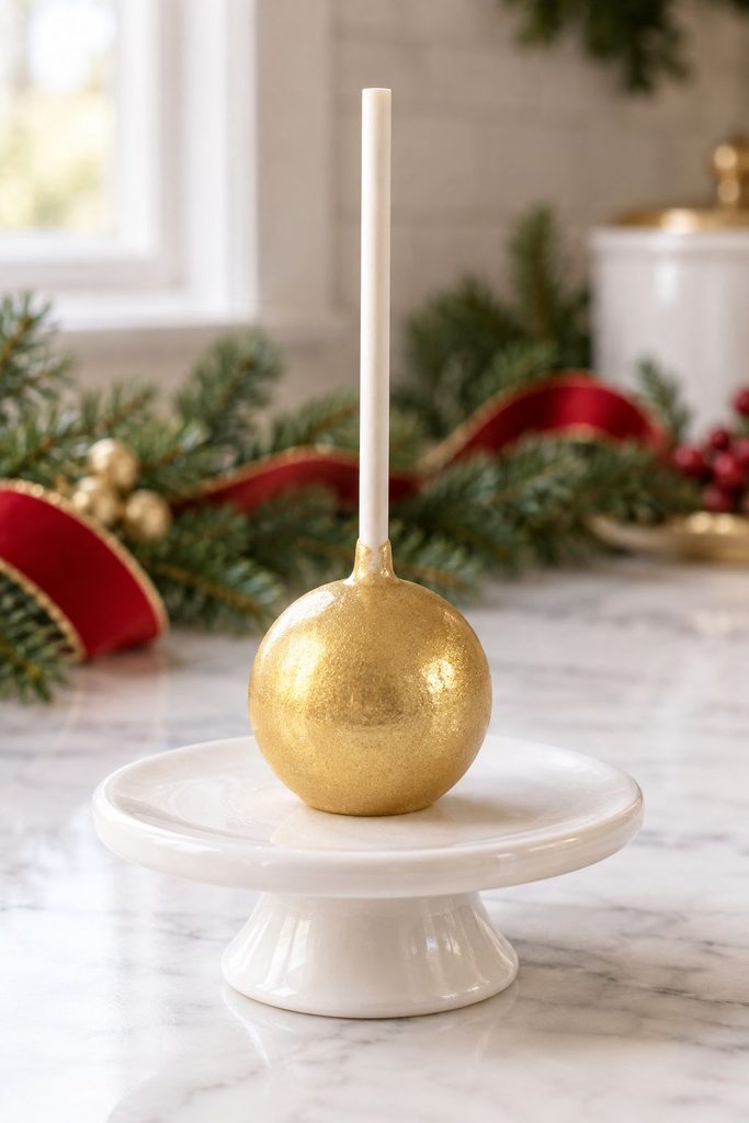 Cake pop dipped entirely in shimmering gold candy coating