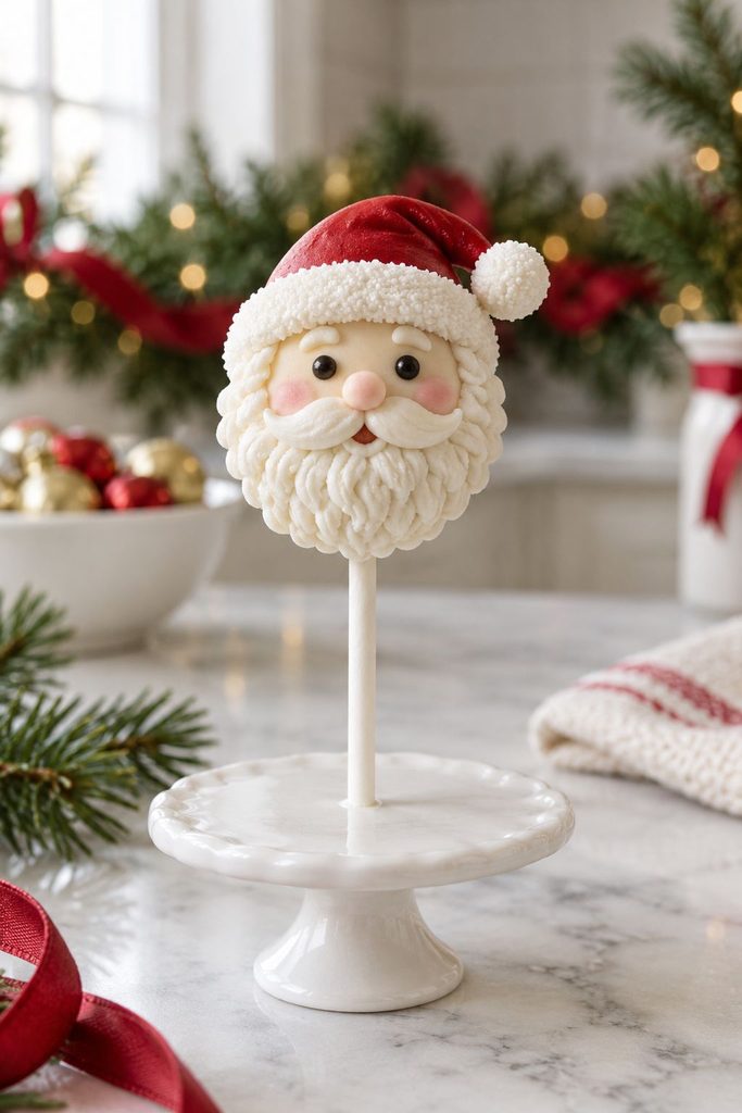 Fully sculpted 3D Santa face cake pop with fondant beard and hat