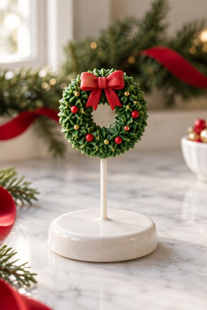 Cake pop shaped into a ring and piped with tiny green leaves to look like a wreath