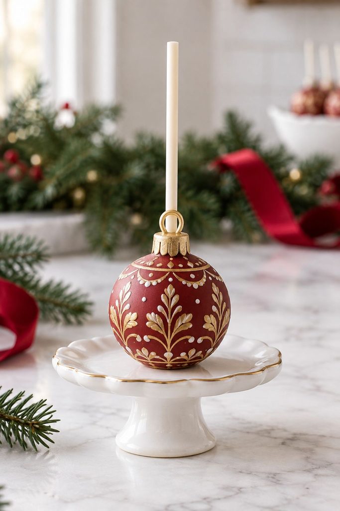 Cake pop hand painted with gold and white detail to mimic a vintage glass ornament