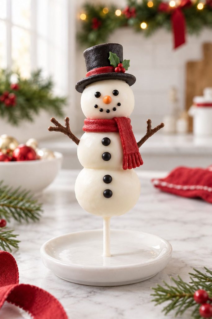 Three stacked cake pop sizes forming a full snowman body on one stick