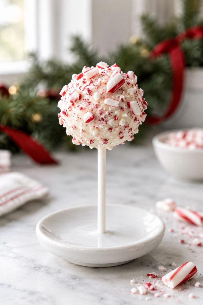 Chocolate cake pop dipped in white coating and rolled in crushed candy cane pieces