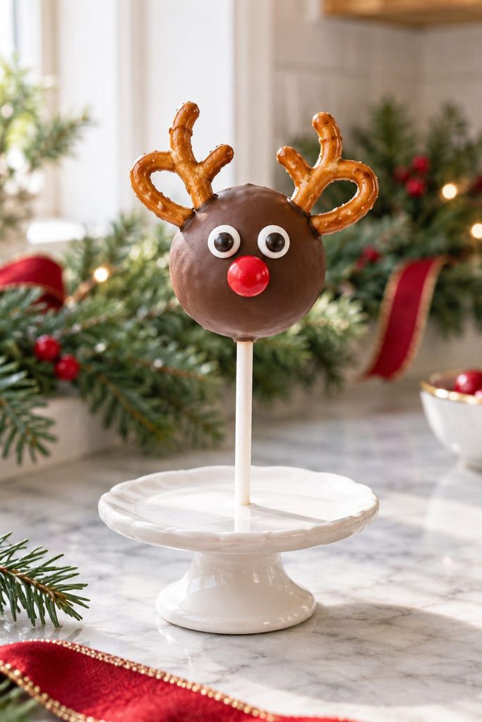 Brown reindeer cake pop with pretzel twist antlers and a red candy nose