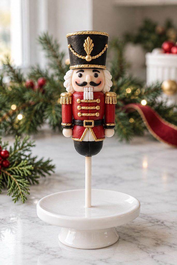 Cake pop decorated as a nutcracker soldier with a tall black hat and gold buttons