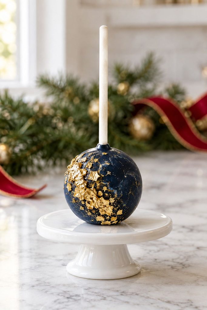 Navy cake pop with a cluster of gold leaf flakes mimicking a crystal geode