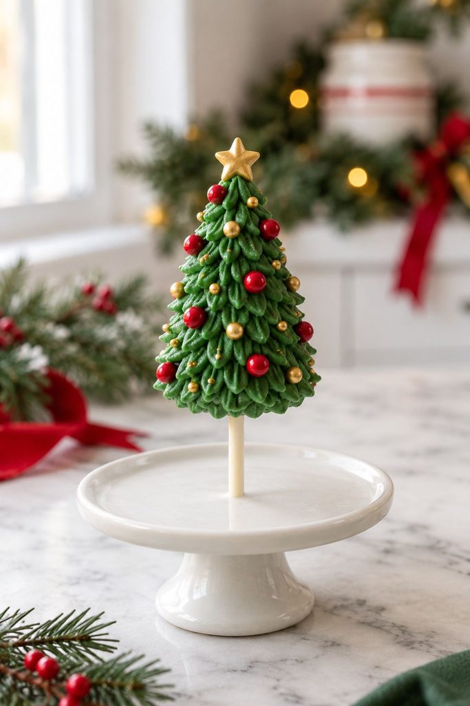 Cone-shaped green cake pop piped with branches to look like a mini Christmas tree