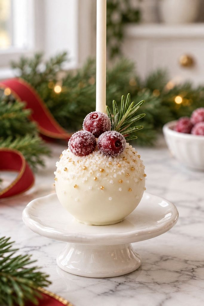 White cake pop topped with real sugared cranberries and a rosemary sprig