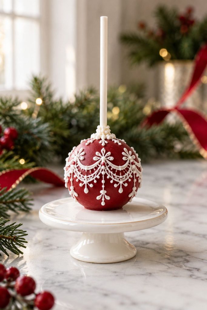 Deep red cake pop covered in delicate white piped lace icing patterns