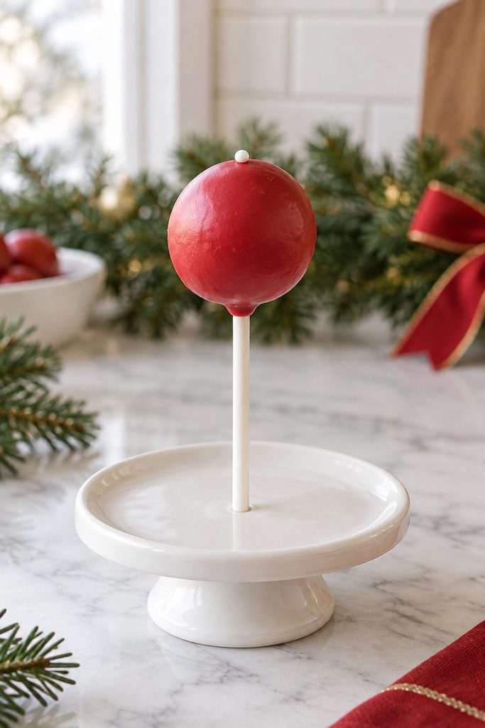 Simple red cake pop made from a box cake mix and store brand candy coating
