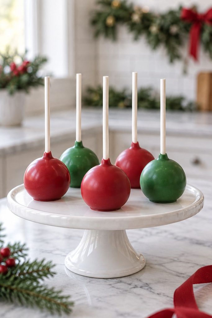 Tray of cake pops alternating solid red and green dips