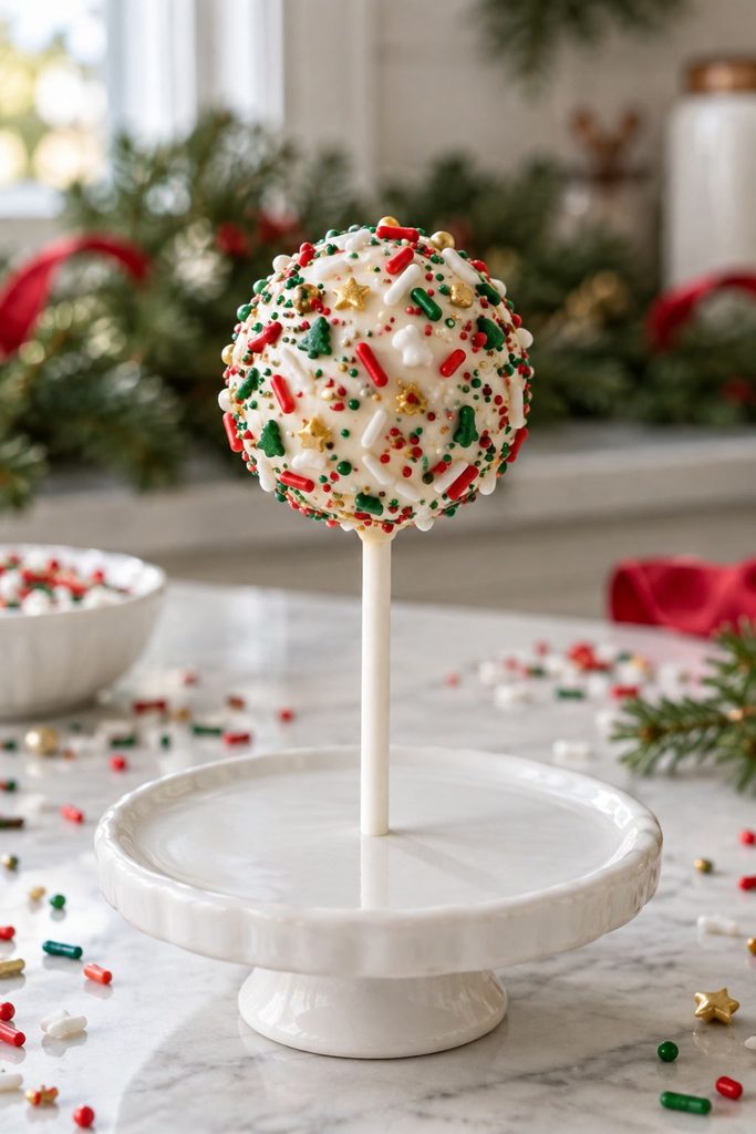 White cake pop rolled in a mismatched mix of leftover holiday sprinkles