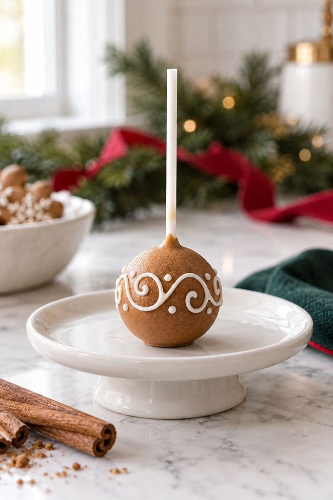 Caramel colored gingerbread spice cake pop with a white icing swirl