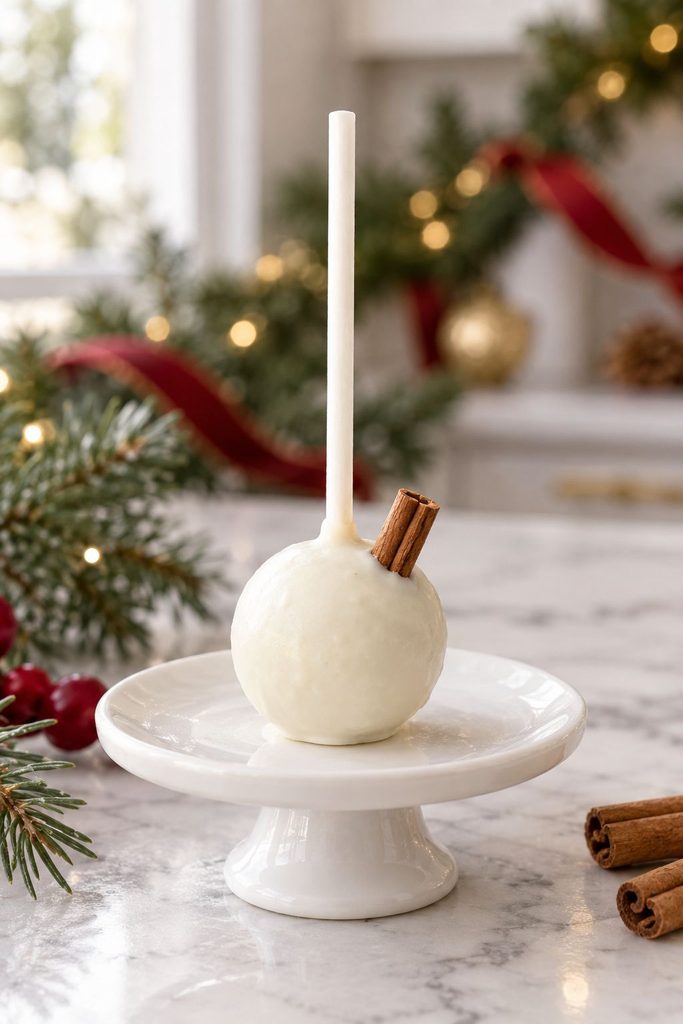 Pale cake pop with a small cinnamon stick piece tucked into the coating