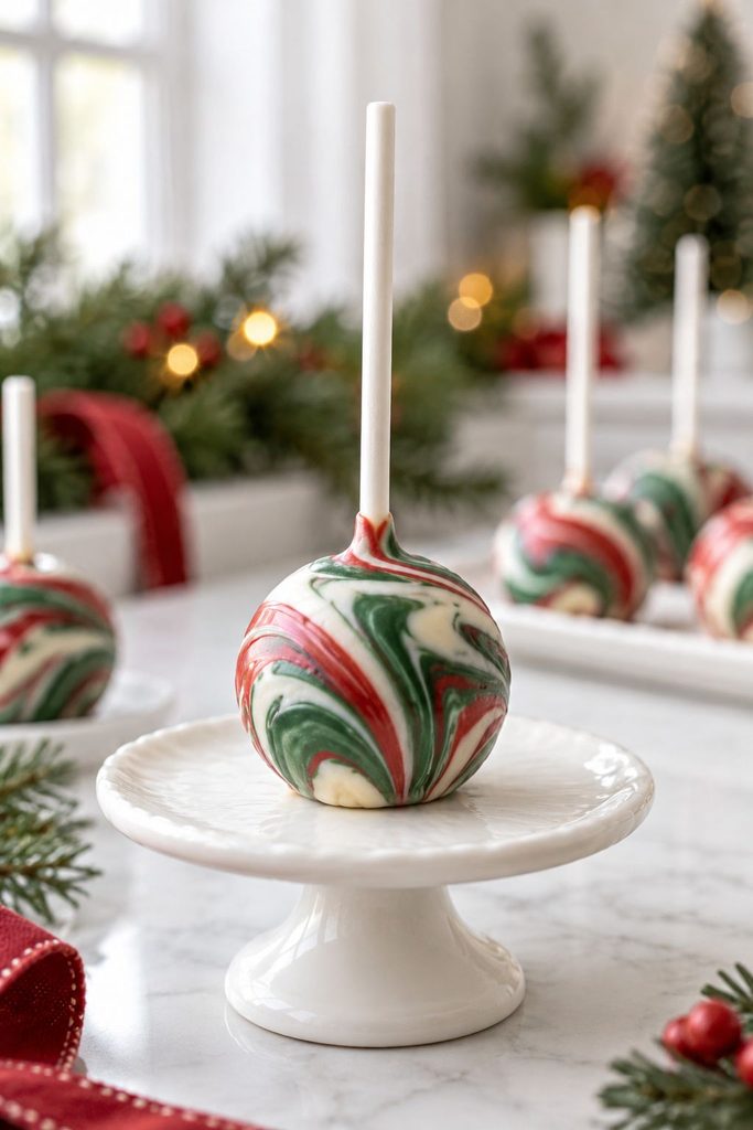 Cake pop marbled with combined leftover red, green, and white candy melt