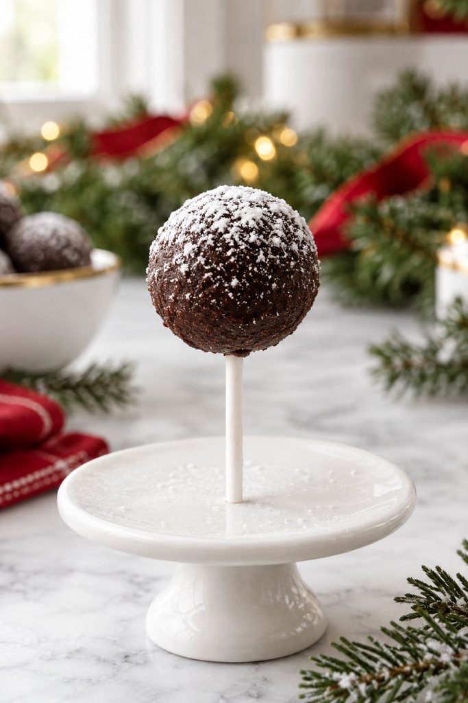 Plain chocolate cake pop dusted with powdered sugar like fresh snow