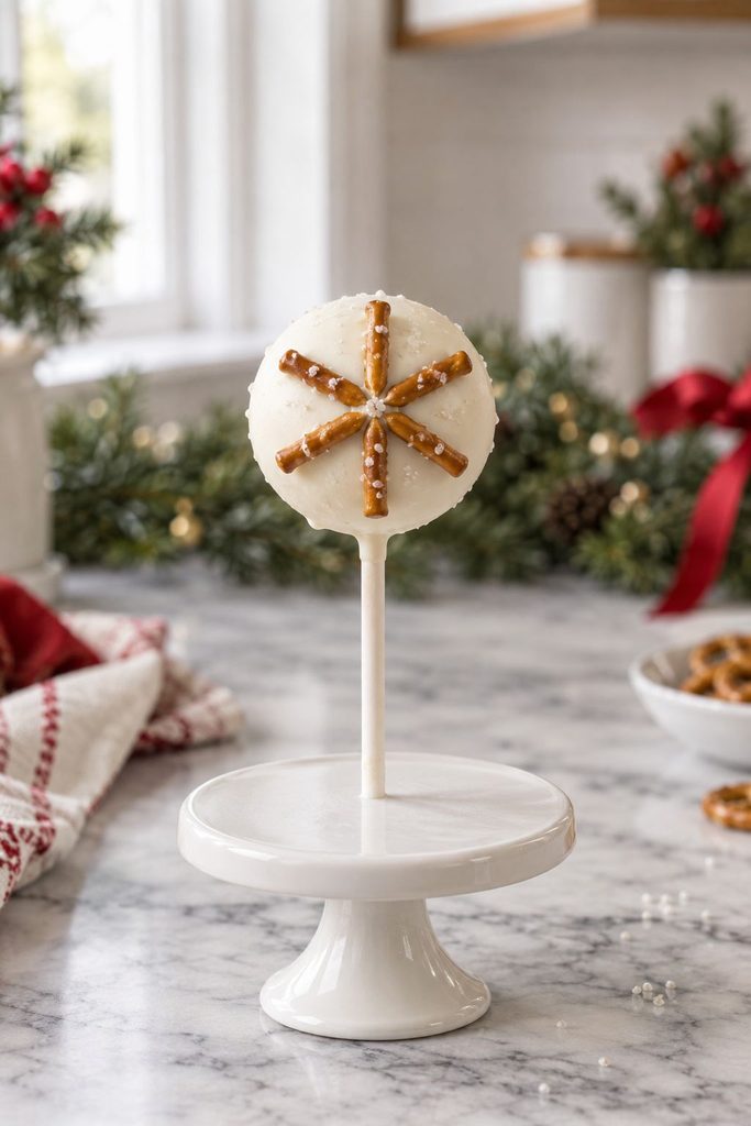 White cake pop with pretzel stick pieces arranged into a snowflake shape